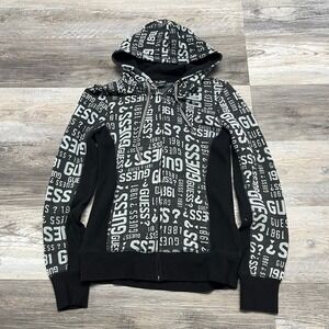 Vintage Y2K Guess Black Gray Womens M Full Zip Hooded Fleece Logo Sweatshirt AOP